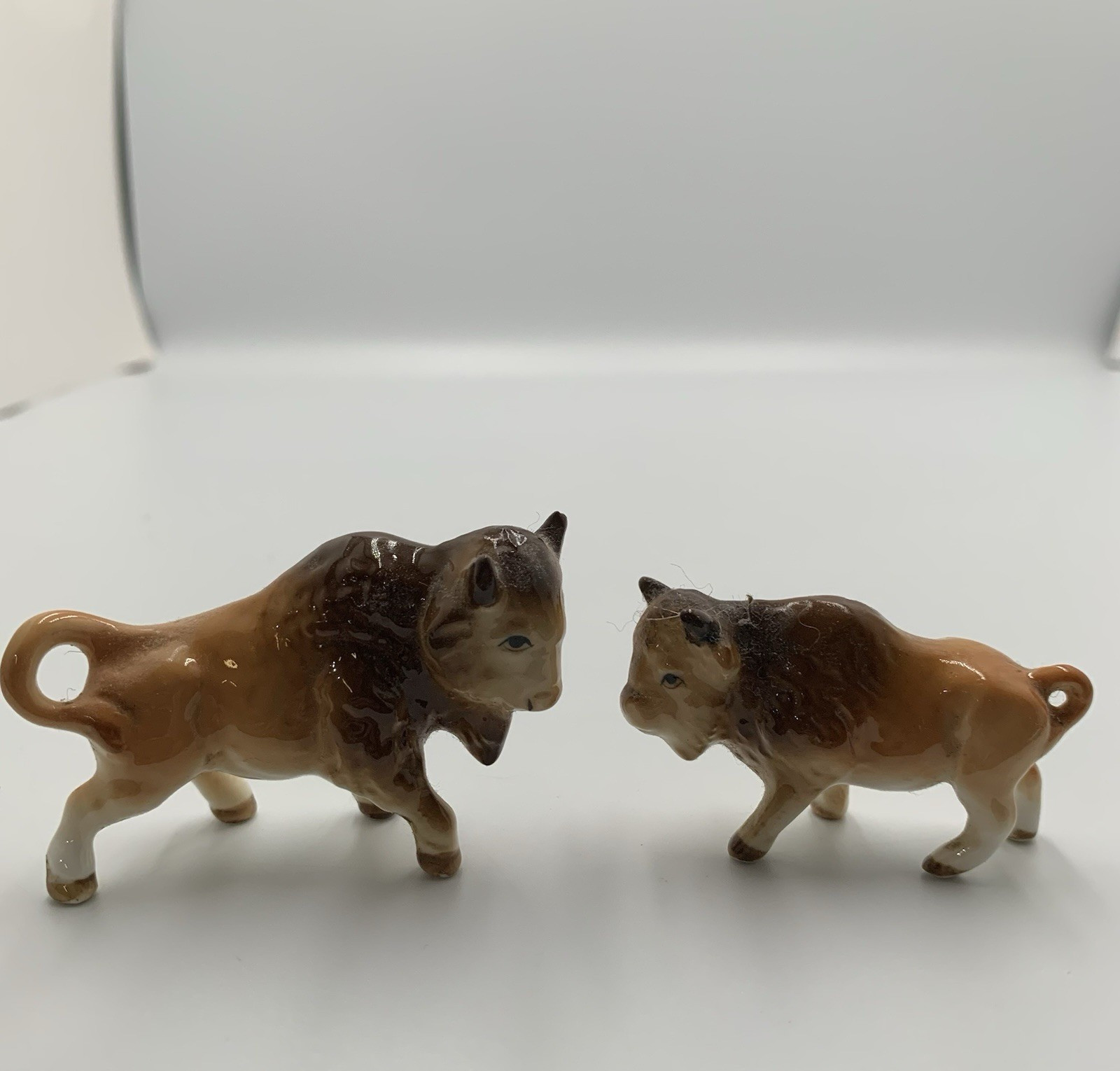 Vintage Mid Century Buffalo Bison Set of 2 Small Glossy Ceramic Figurines