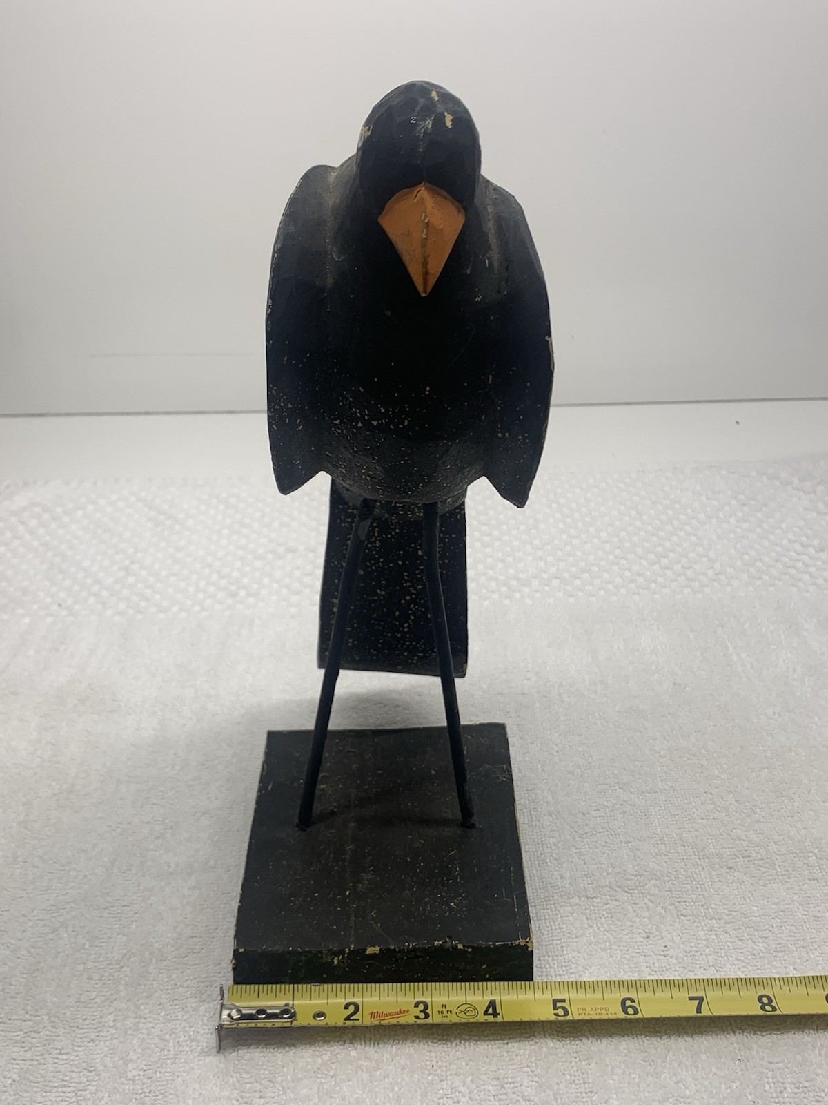 Folk Art Wooden Black Bird Crow Statue Whimsical Art Figure Wood & Metal Legs