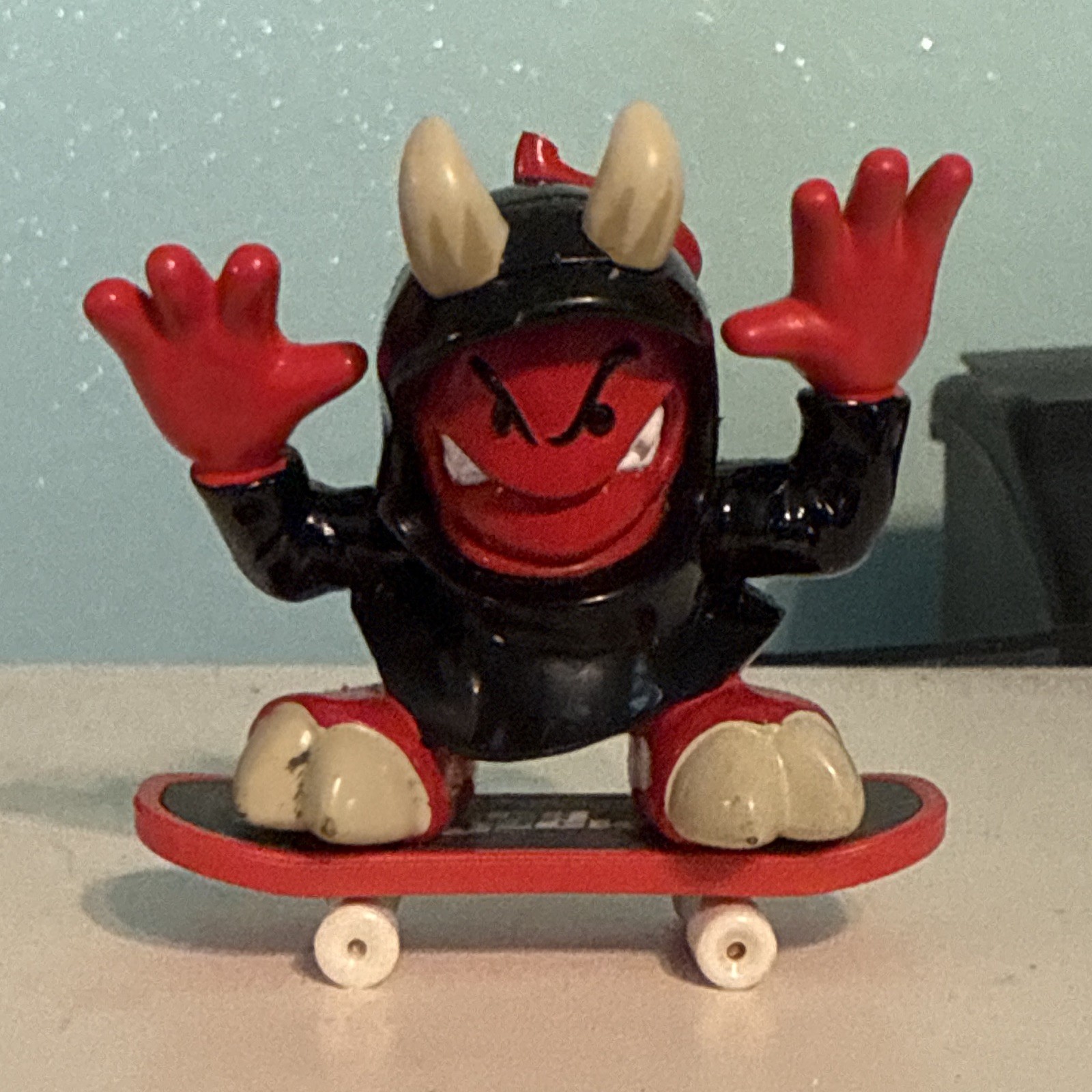 Devil Figurine on Skateboard Plastic Collectible, Red/Black, 3D Effect, 1990s