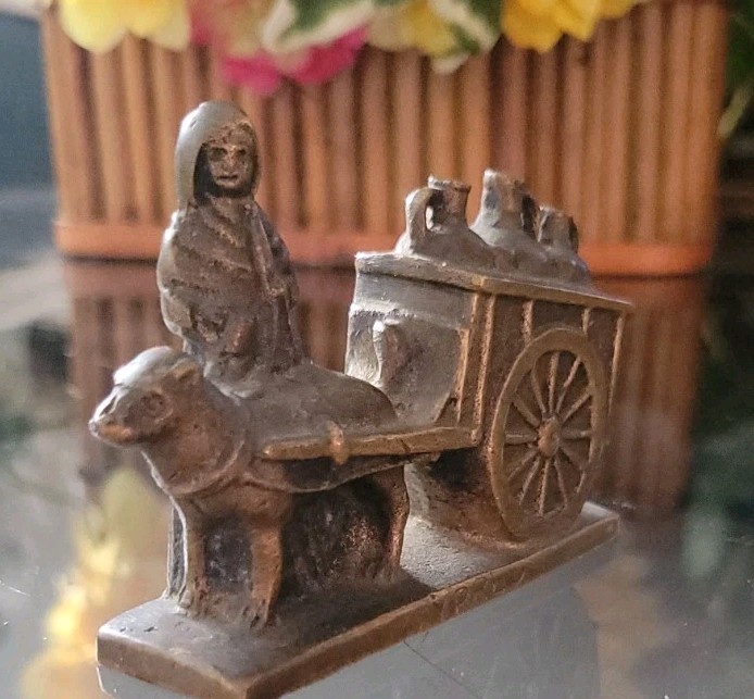 Dog Pulling Milk Cart Handmade Cast Bronze Heavy Marked YPRES Rare Vintage