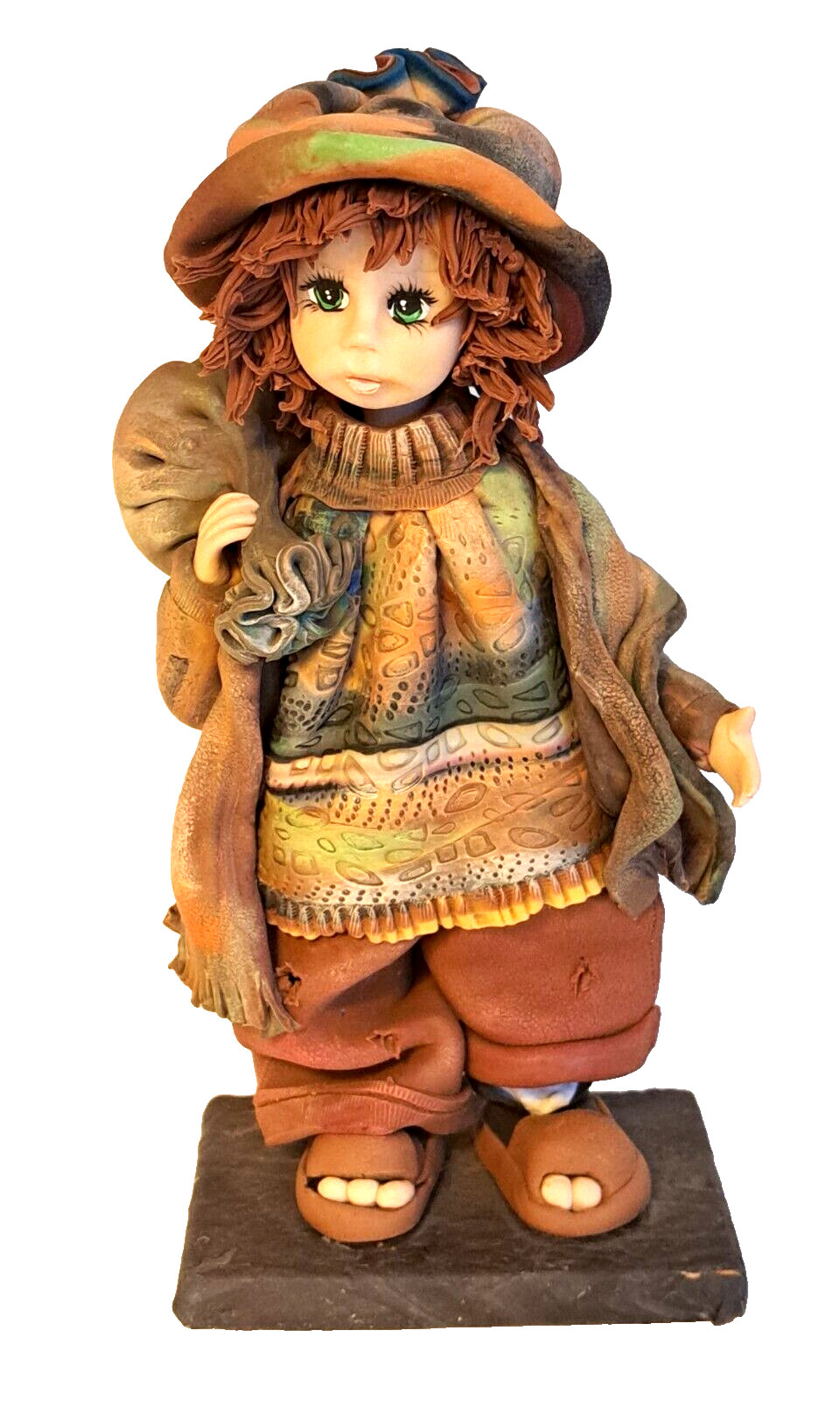 Arte Porcelana Hobo Tramp Big Eyes Polymer Clay Girl Figurine Sculpture 10.5 in