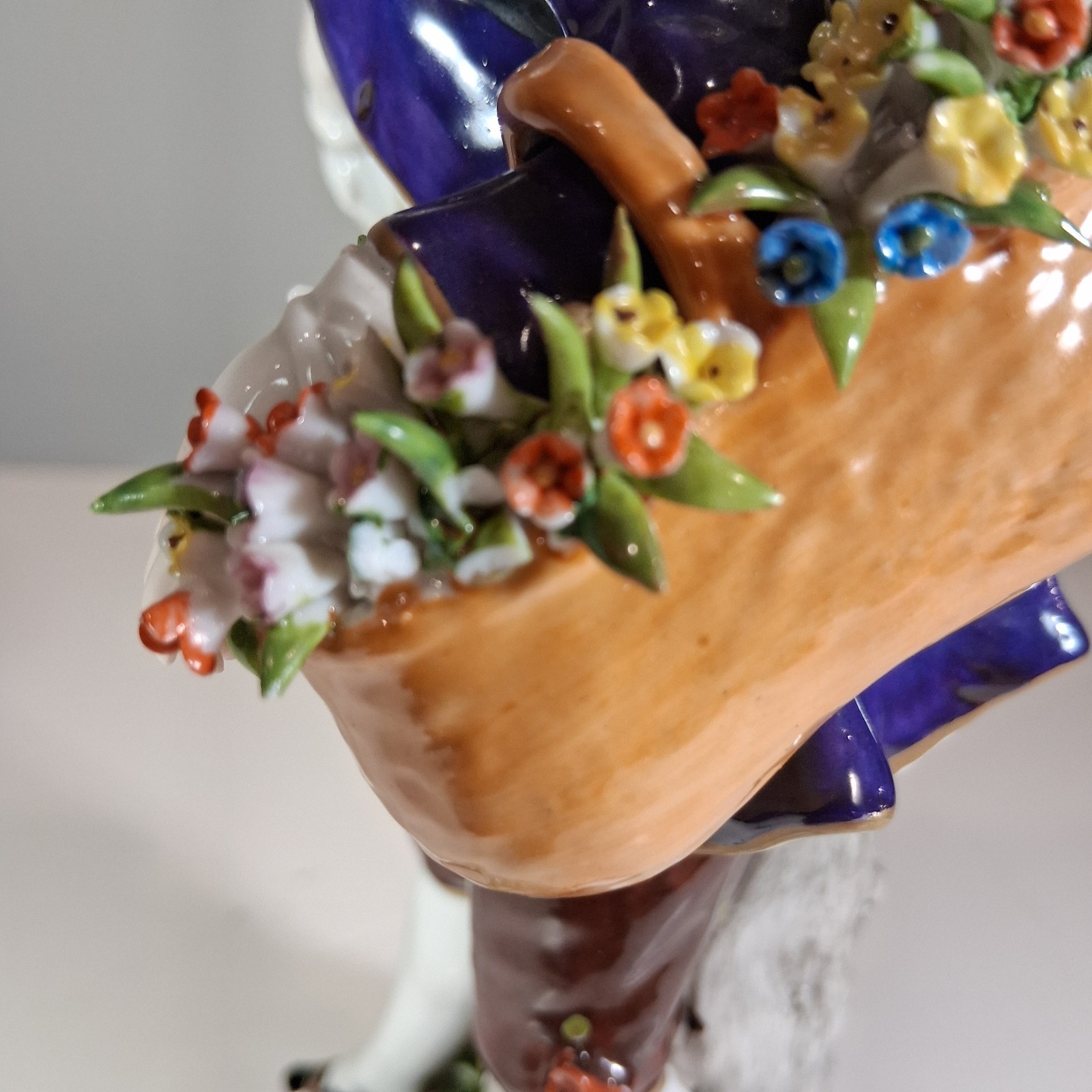 Antique Sitzendorf German Porcelain Flower Seller Figurine – Blue Crown over “S”