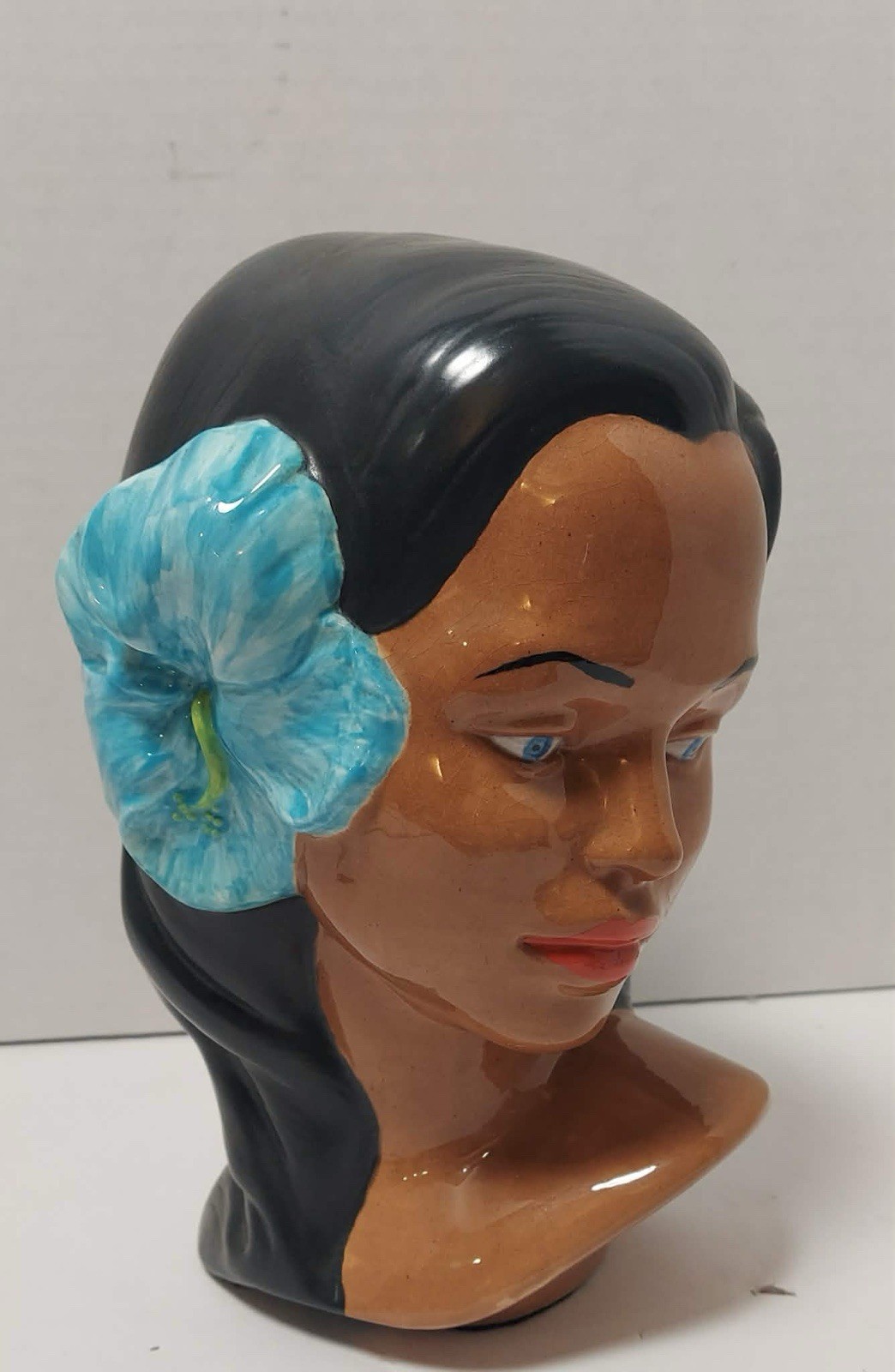 Vtg MCM Chalkware Hawaiian Tiki Girl Marwal Wahine Polynesian RARE Blue Read
