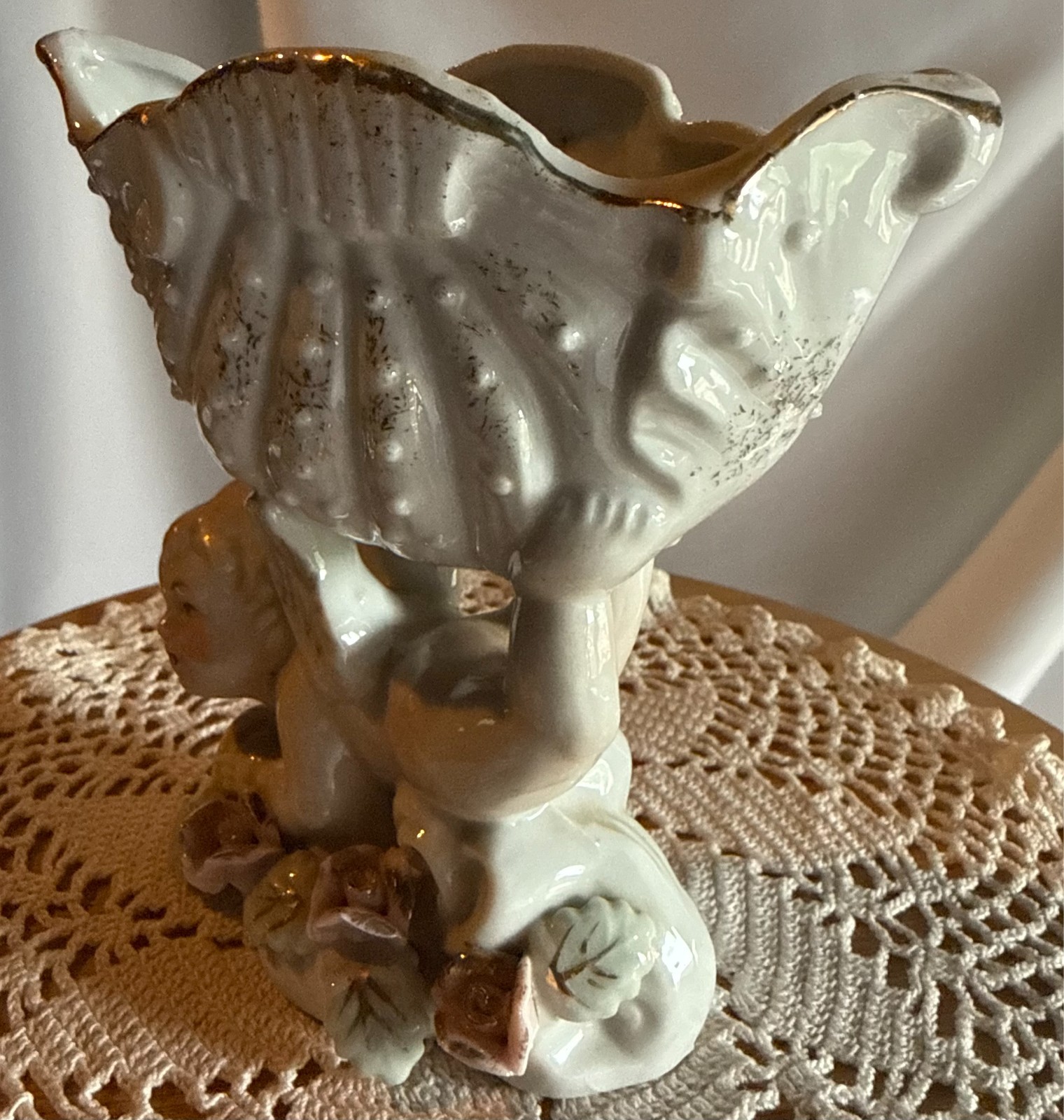 Vintage Occupied Japan Bisque Angel/Cherub Shell Planter roses gold painted
