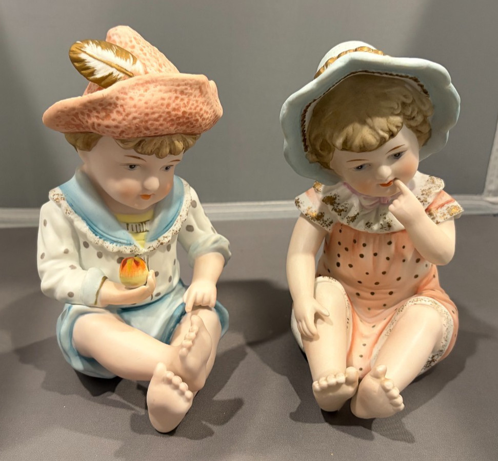 Andrea Sadek 6162 Vintage Piano Baby Boy w/ Apple & Girl Bisque Figurine Statue