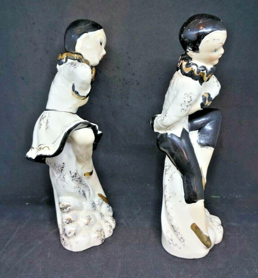 Vintage Midcentury Asian Boy Girl Dancer Figures 9″ – Black White Gold Japan MCM