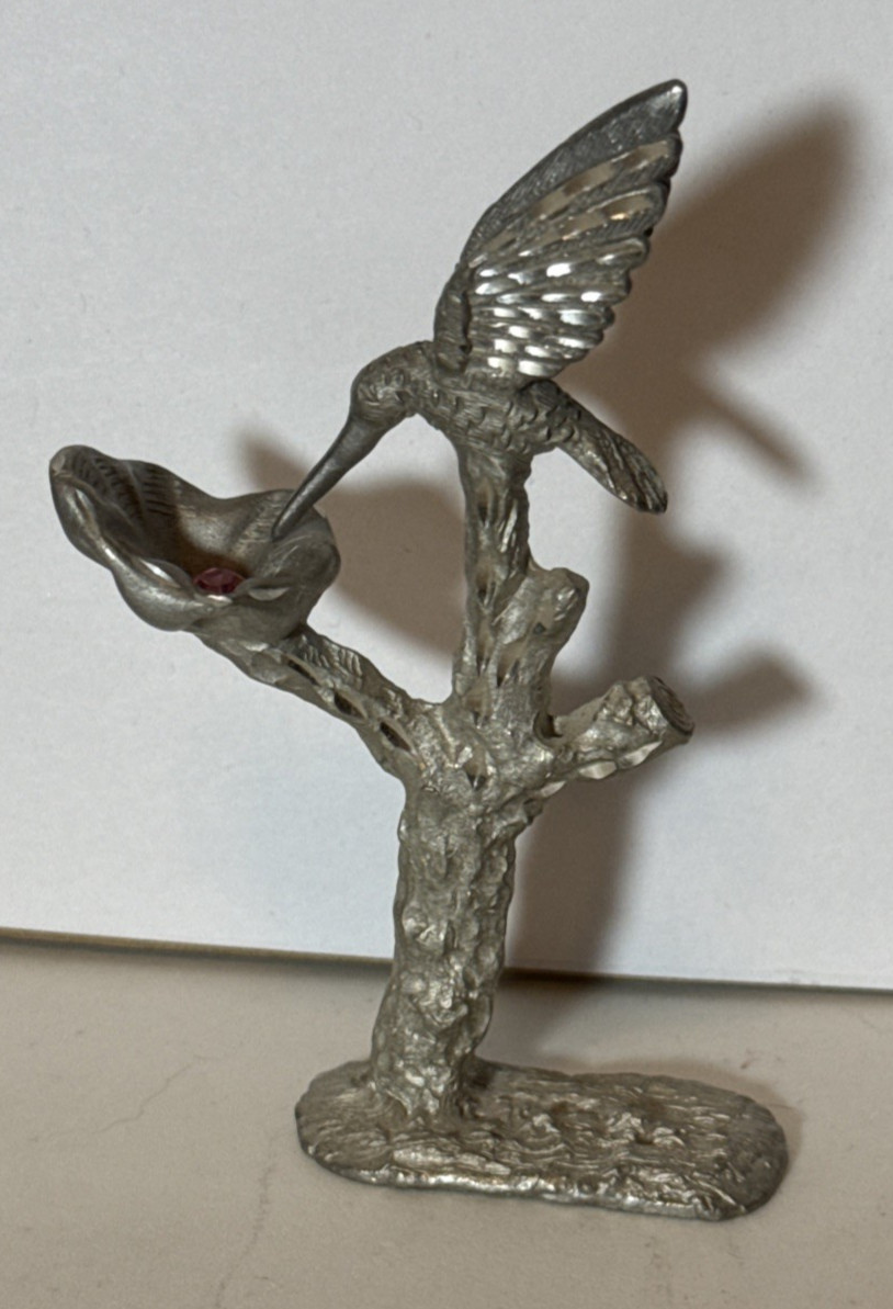 Vintage Spoontiques Pewter Hummingbird Flower Figurine Pink Rhinestone M1222