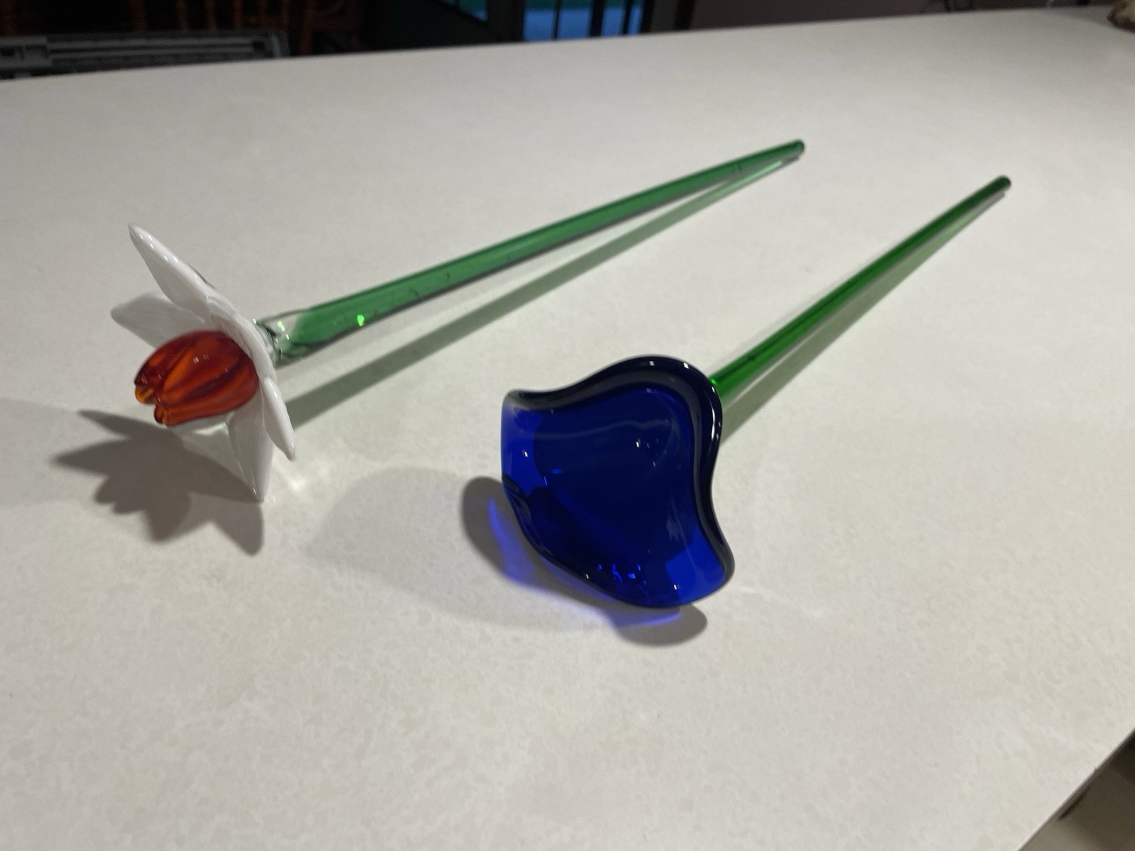 Vintage Set Of 2 Art Glass Flowers with Long Stems Each 20” Long
