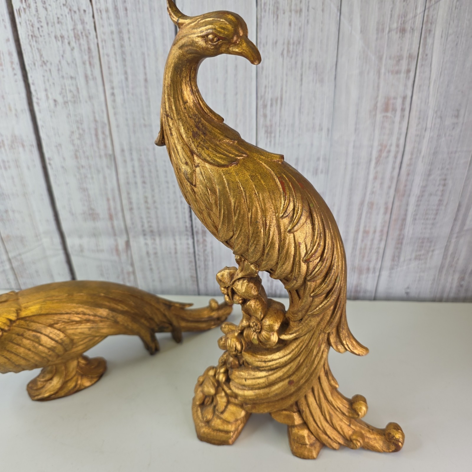 Vintage Gold Gilted Peacock Pair MCM Hollywood Regency Decor 2 Piece Figurine