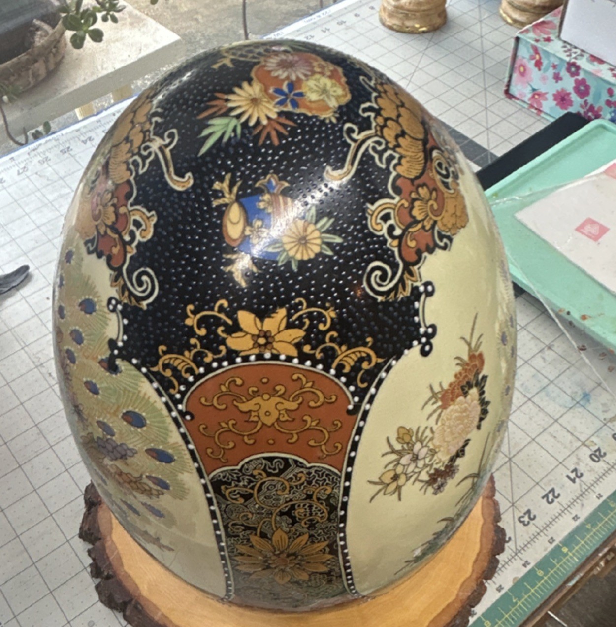 Hand-Painted Ceramic Decorative Egg Peacock & Floral Design Large 13 in
