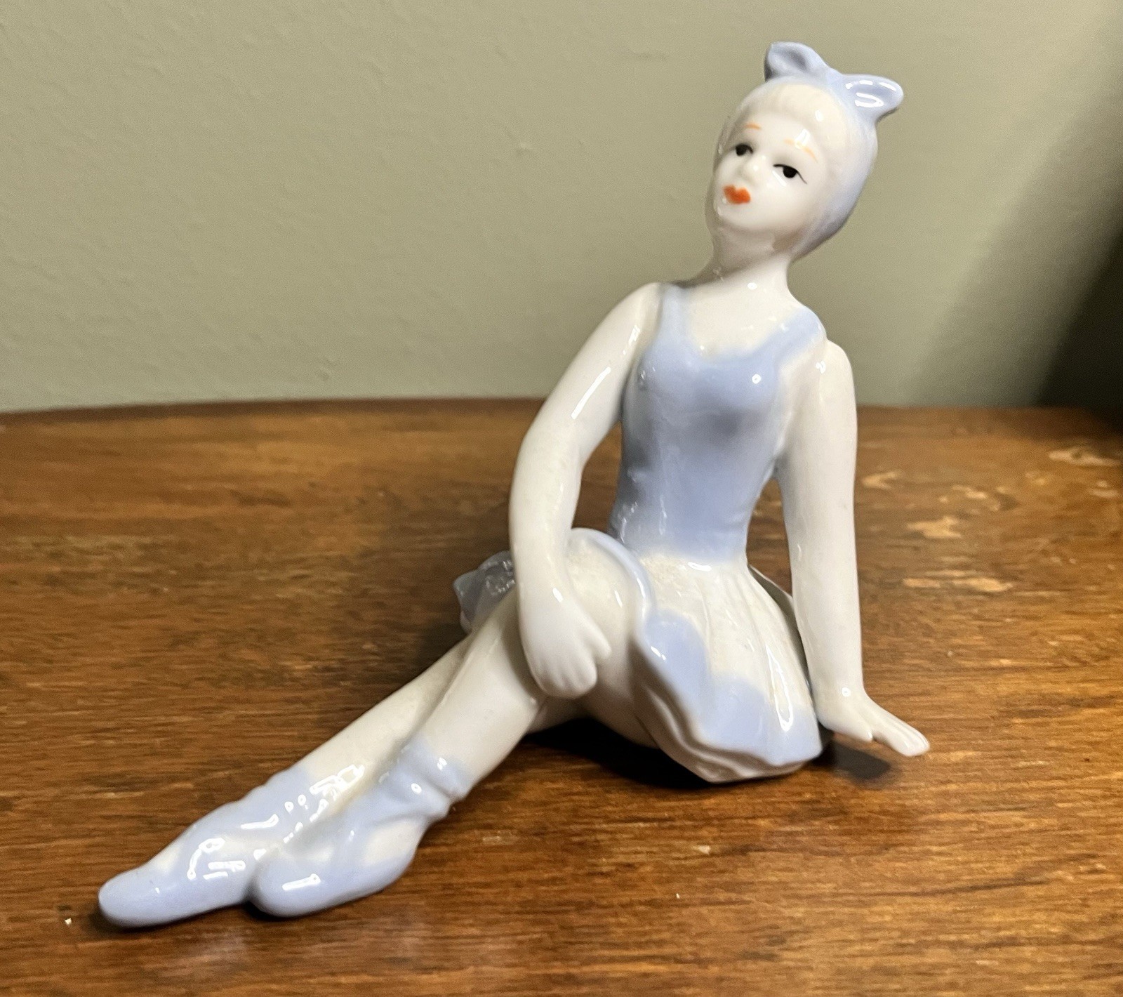 Vintage Porcelain Ballerina Figurine Trinket Blue & White Glazed Handpainted