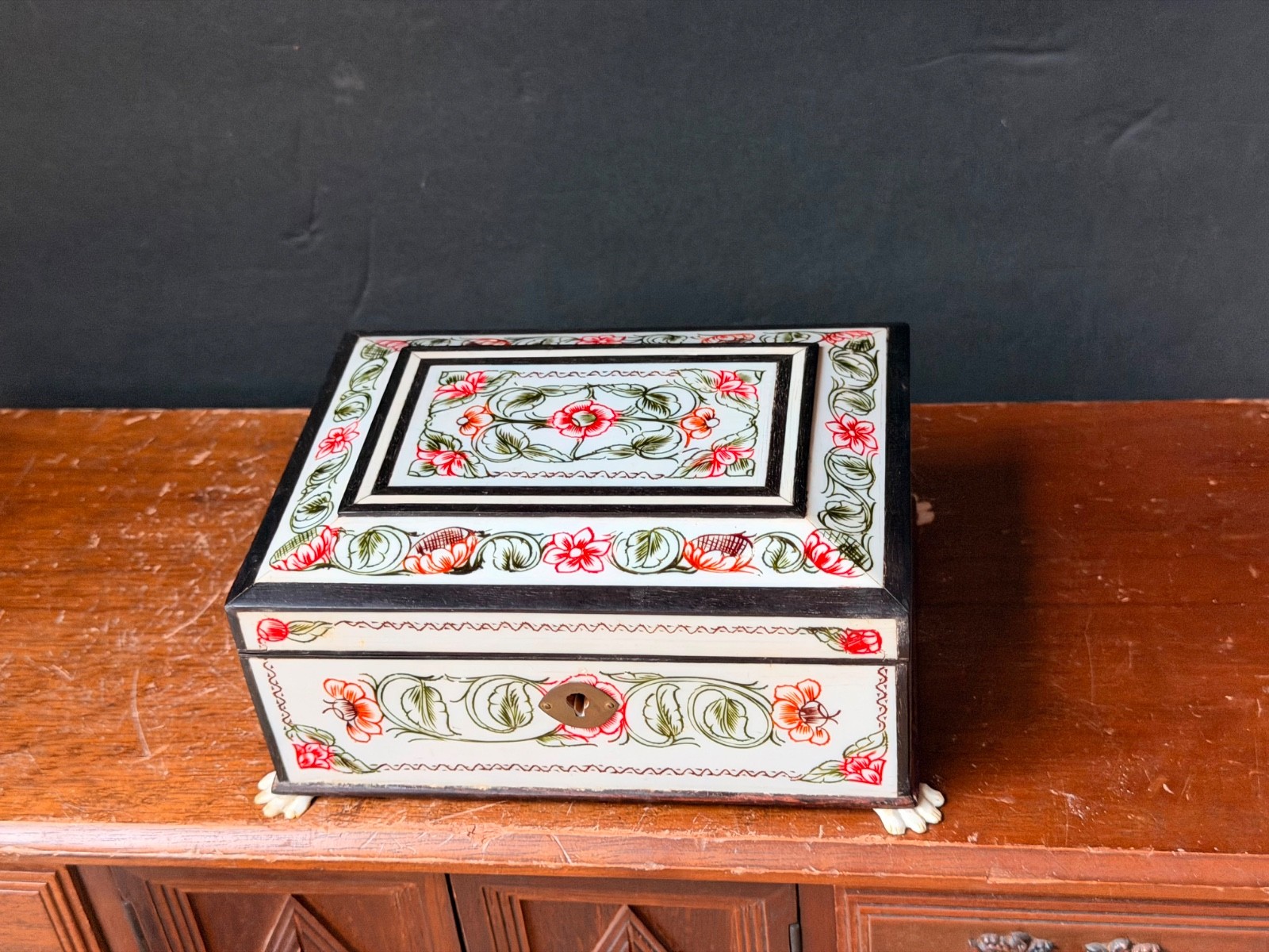 Vintage Hand Painted Indian Jewelry Box with Mirror Ornate Floral Keepsake