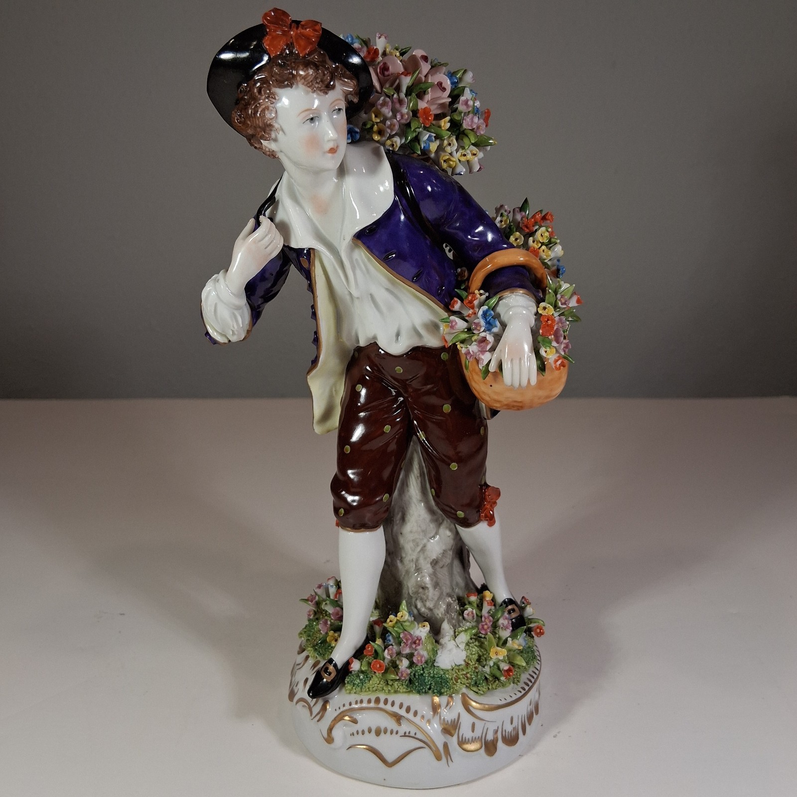 Antique Sitzendorf German Porcelain Flower Seller Figurine – Blue Crown over “S”