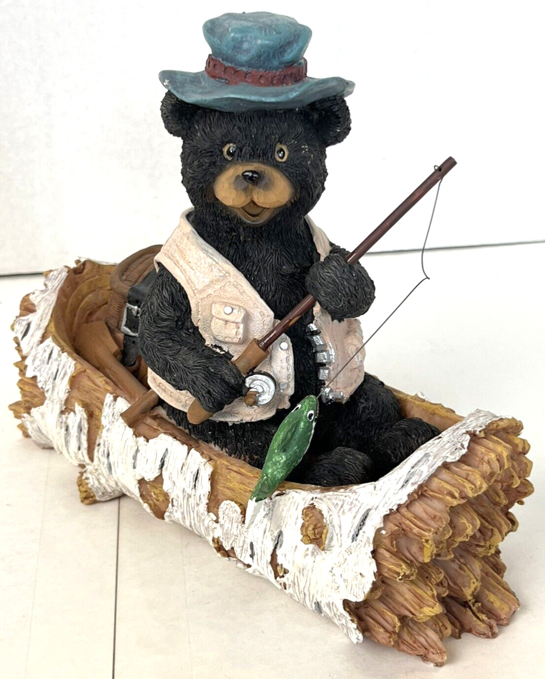 Fishing Bear Figurine Birch Tree Canoe Boat Vtg Cabin Lake House Decor