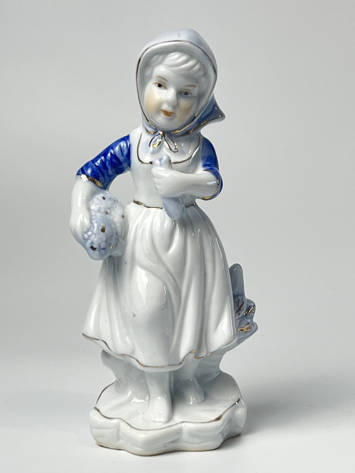 Vintage Porcelain Figurine Girl with Bonnet Blue White Gold Accents 5″