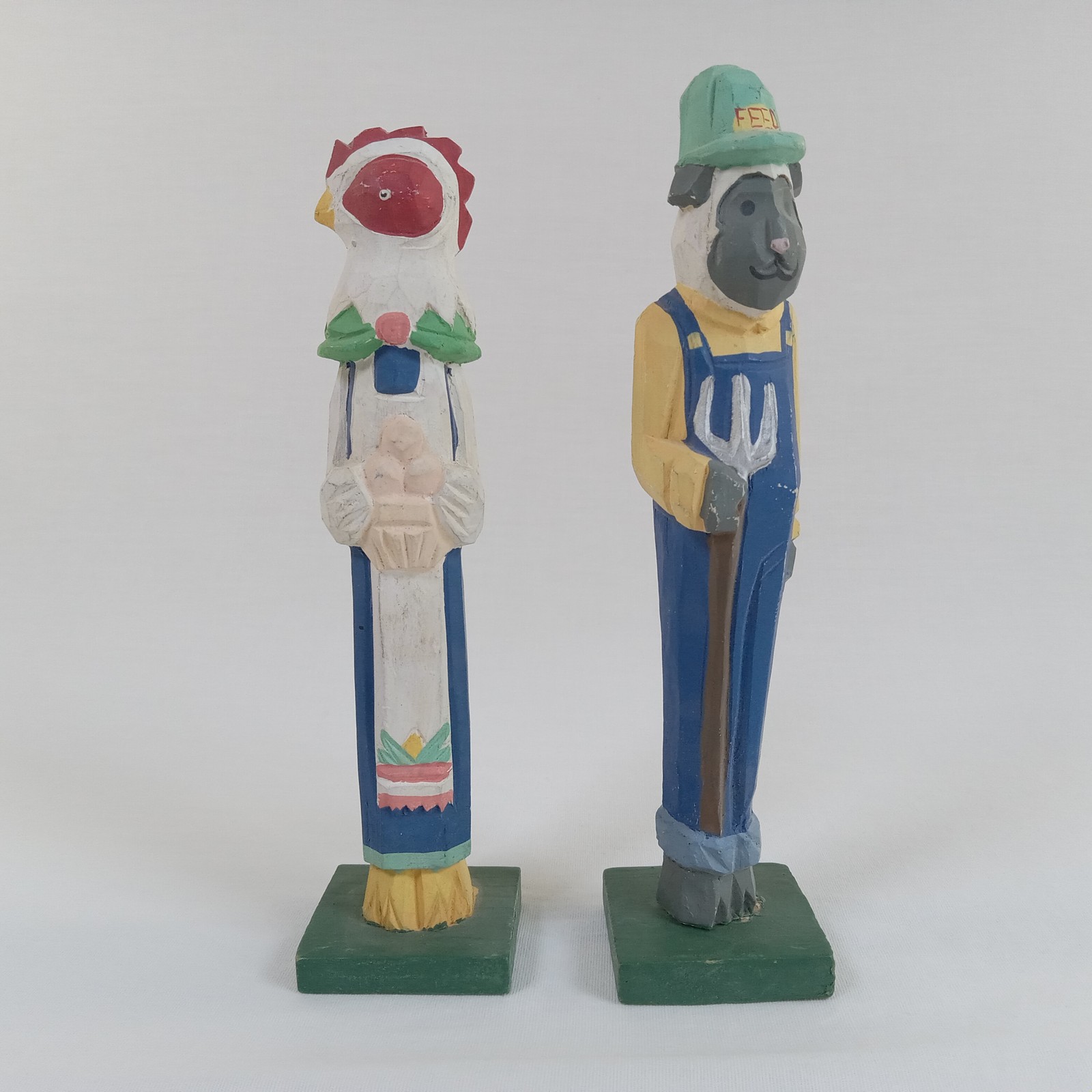 Folk Art Hand Carved Wood Chicken & Sheep Farmer & Wife Figurines Set Farm Decor