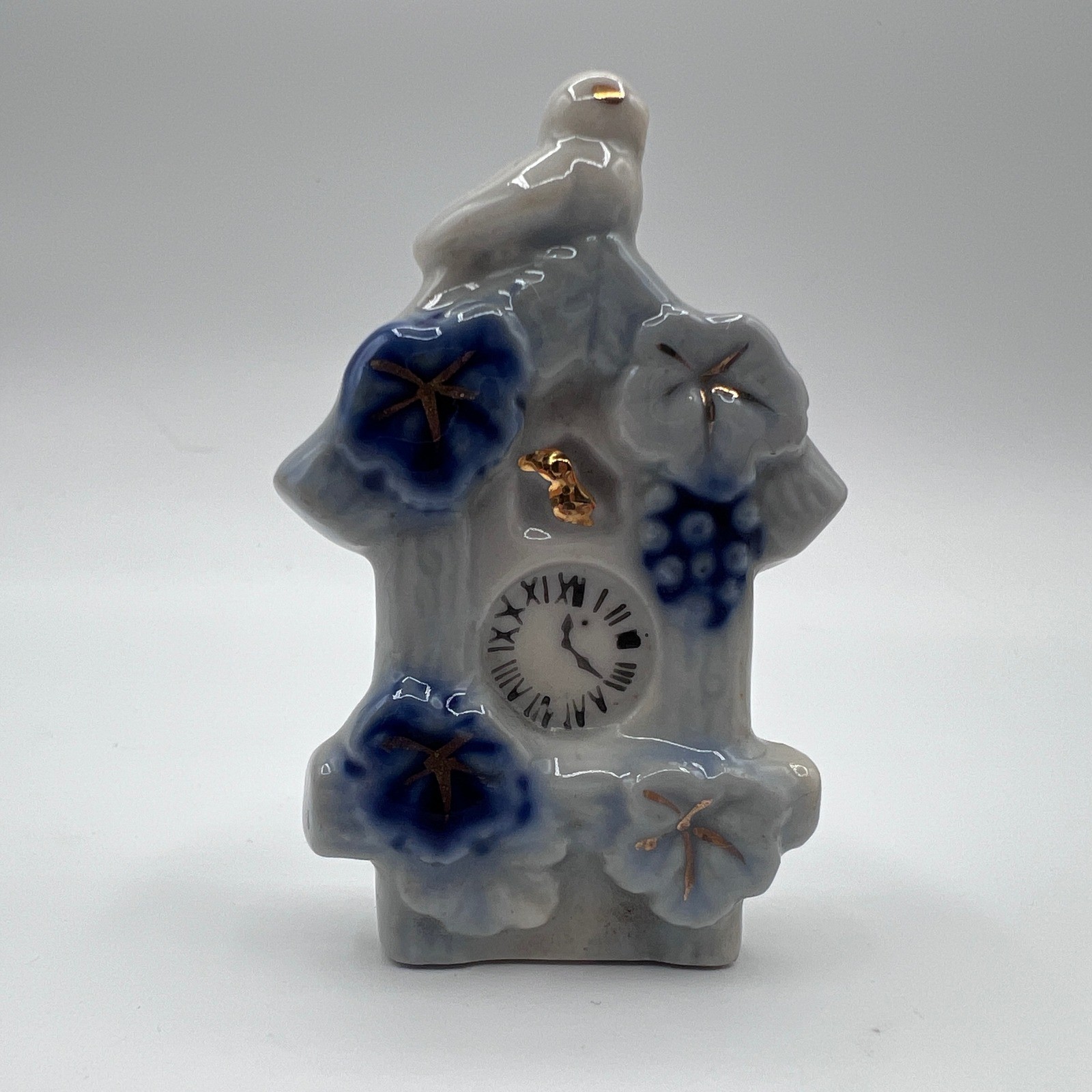 Vintage Occupied Japan Miniature Porcelain Cuckoo Clock Bird Figurine Blue White