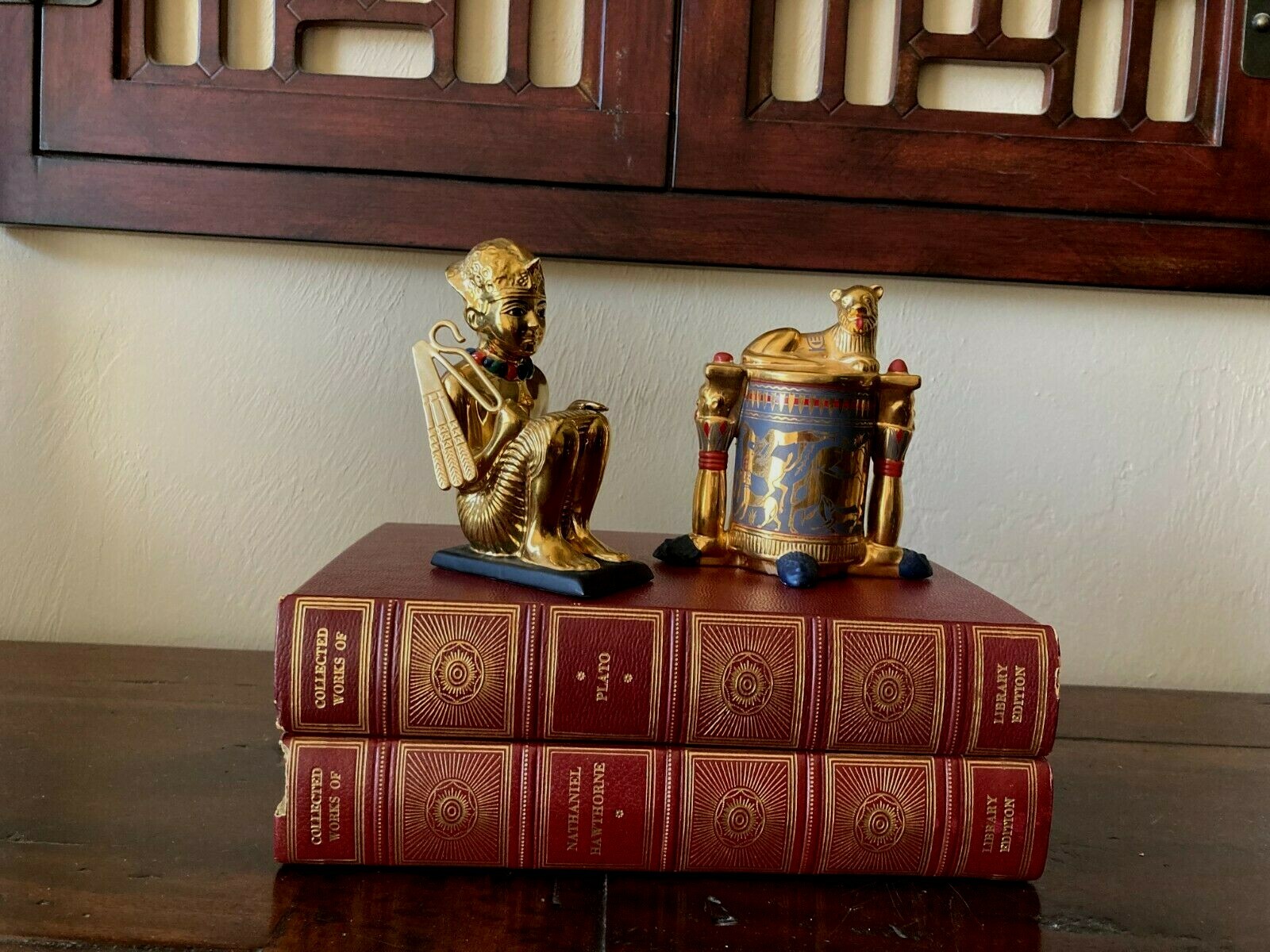 2 Gilt FRANKLIN MINT TREASURES OF TUTANKHAMUN~King Tut Squatting & Unguent Lion