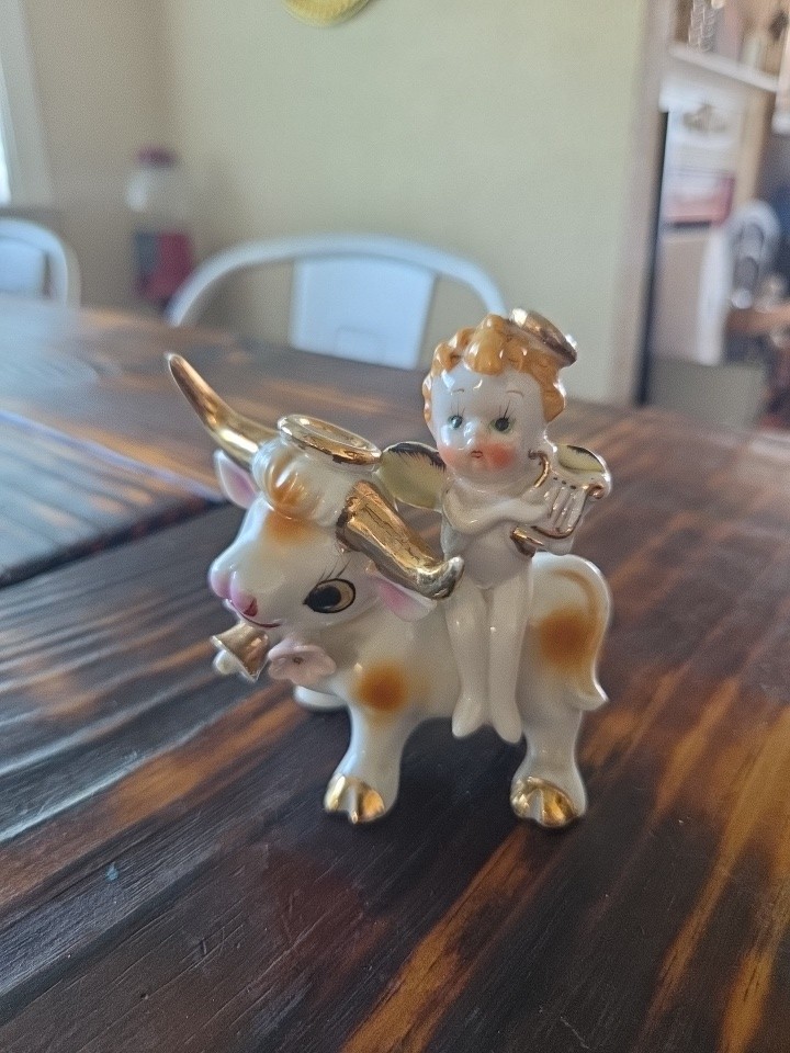 Rare Napco Cherub Playing Harp On Bull Figurine Japan