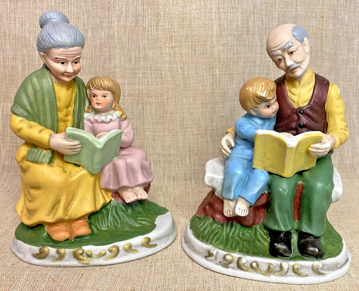Vintage 7 in Grandparents Reading to Grandchildren Chalkware Figurines Set of 2