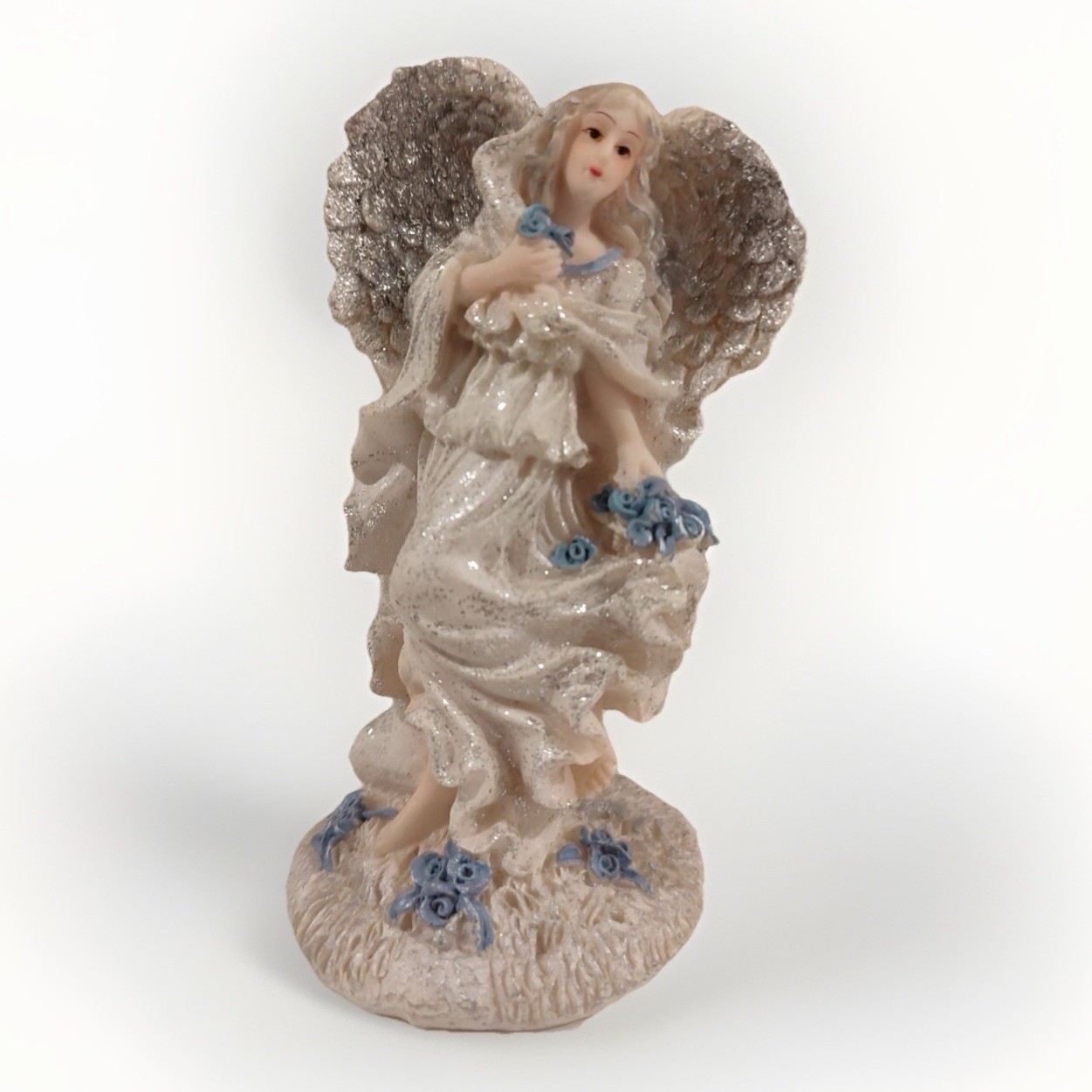 Heavenly Angels Resin Figurine White Glitter Silver Wings Blue Flowers EUC