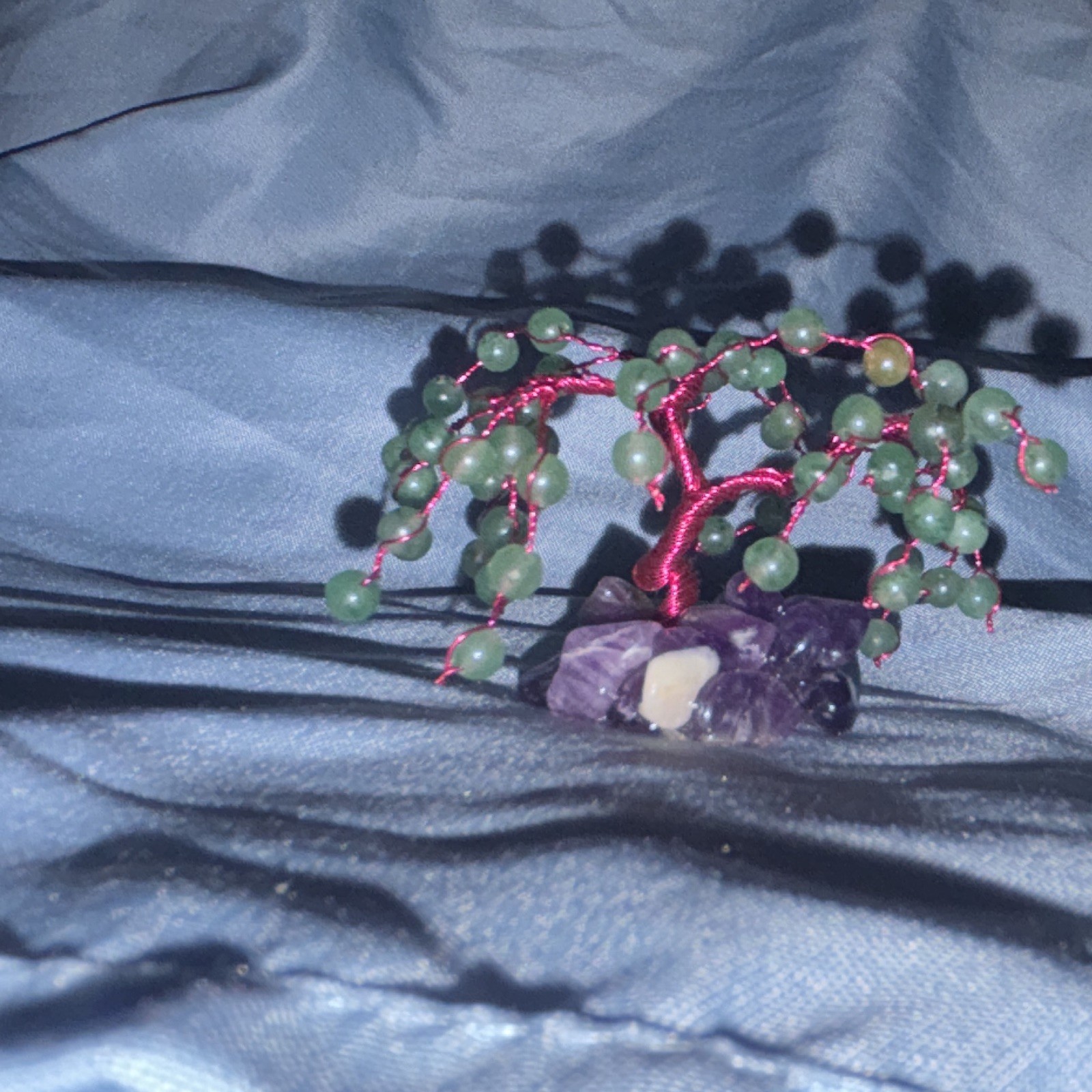 Gemstone Wire Tree Figurine Green Purple Stone Base Nature Theme 3D Effect