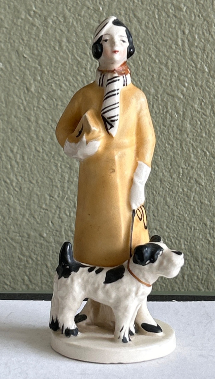 Art Deco Porcelain Lady With Dog Figurine Orange/Red Dress 1930s