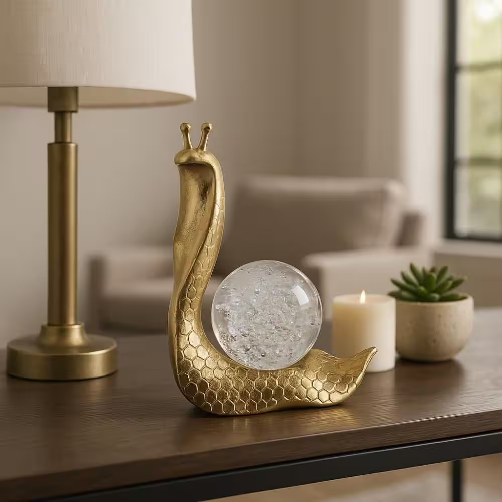 Gold 5.5 in X 7.5 in Resin Snail with Glass Ball Figurine