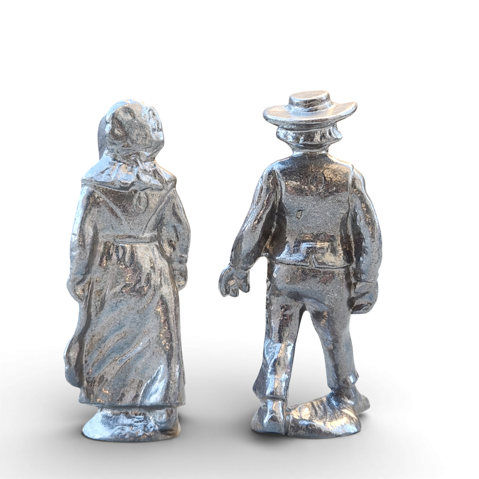 Pioneer People Couple Figurines Statues Silver Tone Cast Metal Farmer Amish 5″
