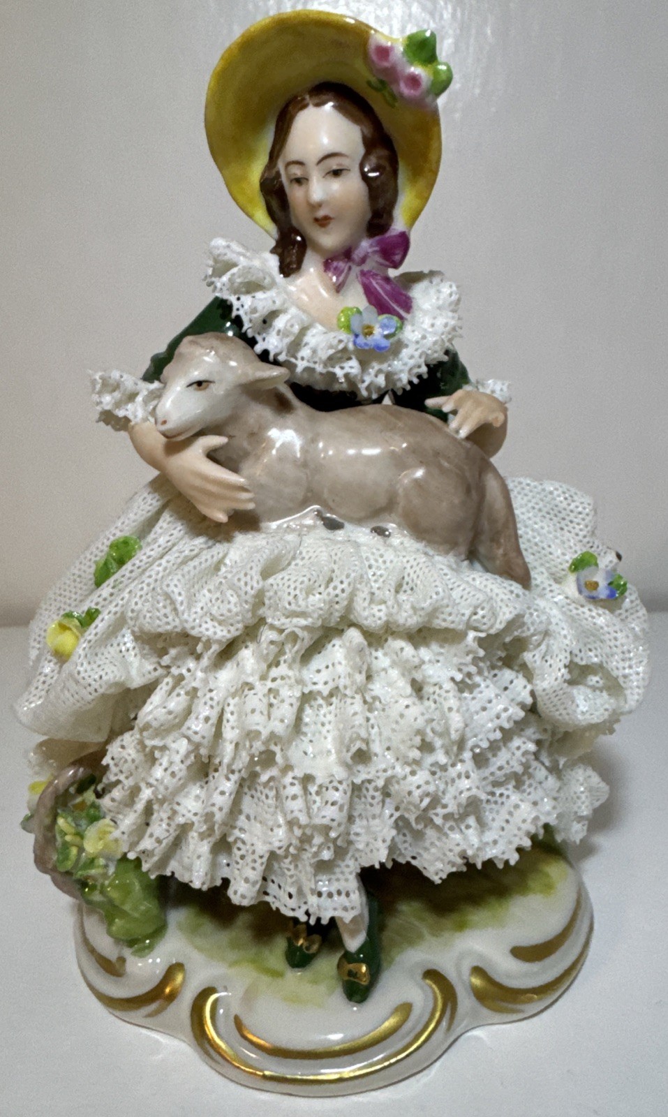 Dresden Lace Lady & Lamb Porcelain Figurine