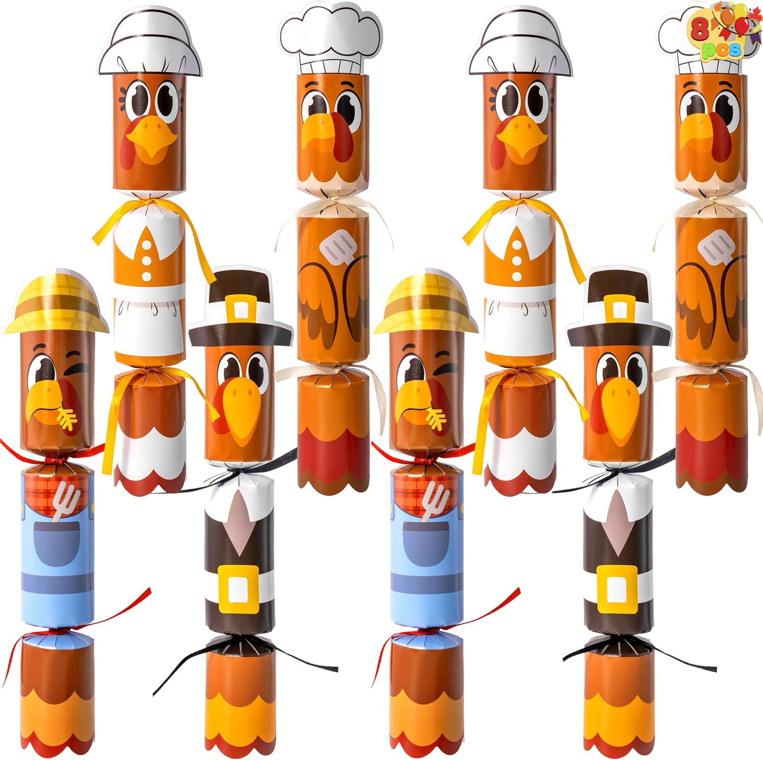 8-Pack Thanksgiving No-Snap Party Favors, 10in Turkey Characters, Fall Prize Set