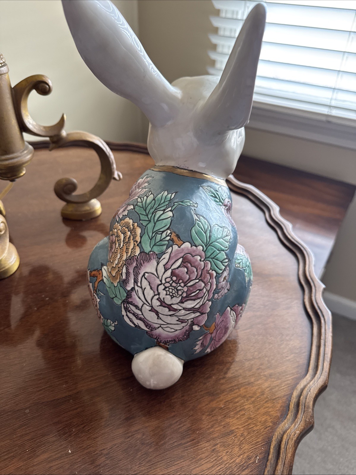 Large Porcelain Hand Painted Rabbit ,Teal Lavender Orange Metallic Gold 12 Inch
