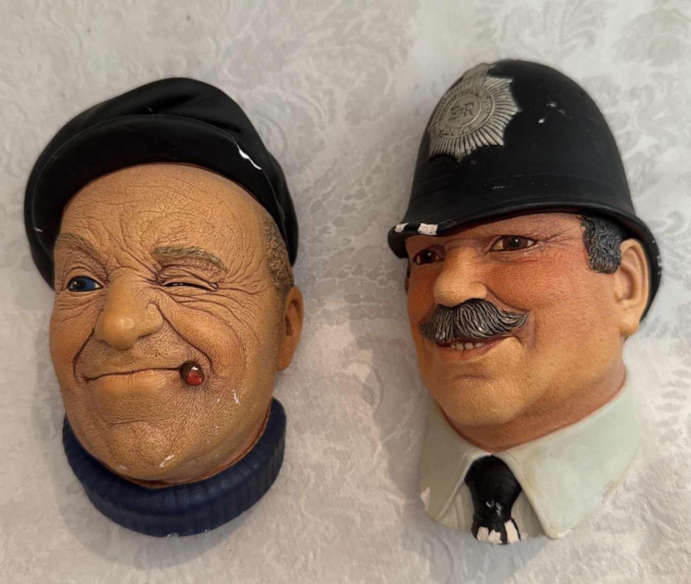 Bosson’s Set of 2 Chalkware Heads Boatman with Cigar & Policeman