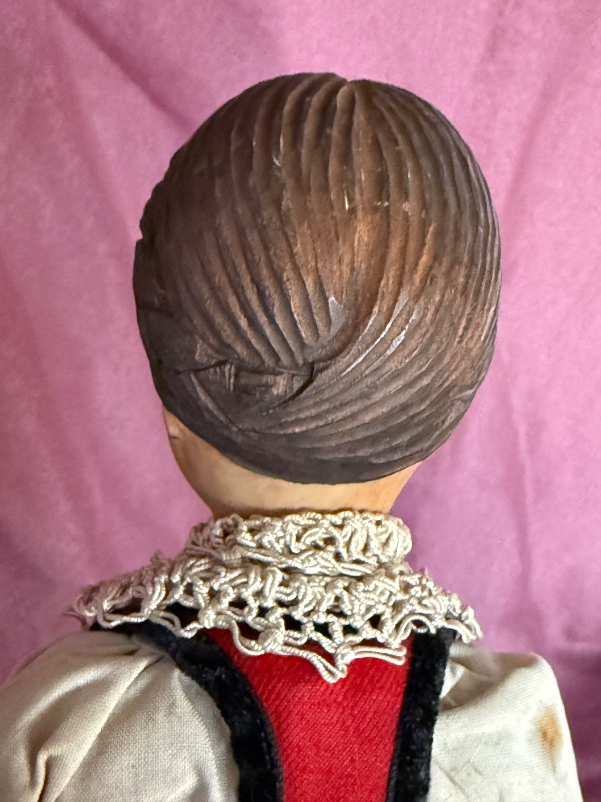Vintage Swiss Hand Carved Wooden Girl Doll Head Cloth Body Hand made Costume