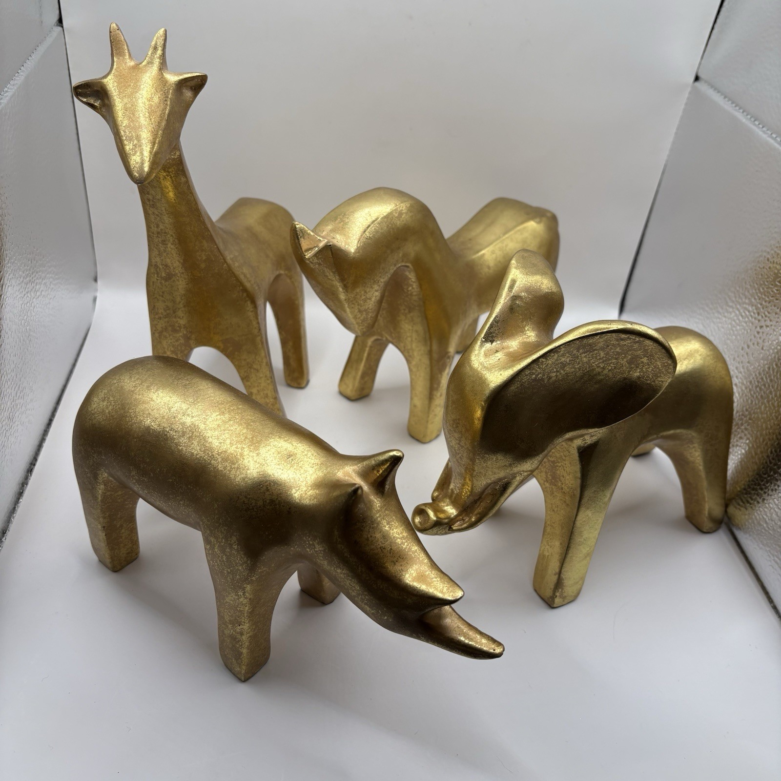 Gold Tone Modernist Design Safari Animals Figurines Elephant Giraffe Home Decor
