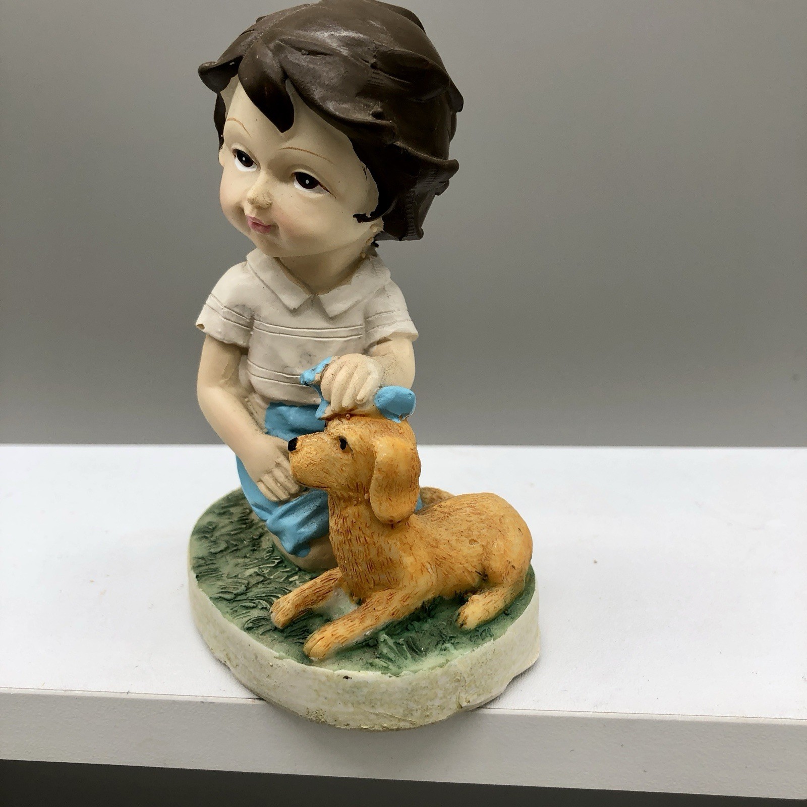 VINTAGE FIGURINE Little Boy with Dog Puppy Resin 4” tall