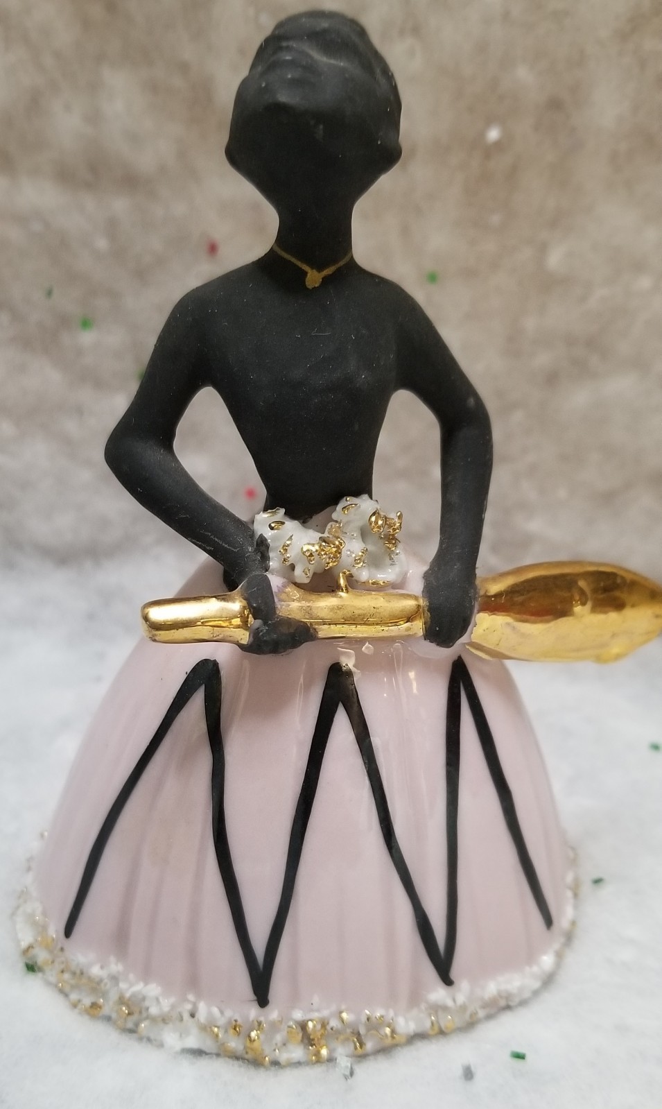 Lefton Ballerina Dancer Girl Figure Bell Pink & Black Gold Oar Spaghetti Trim