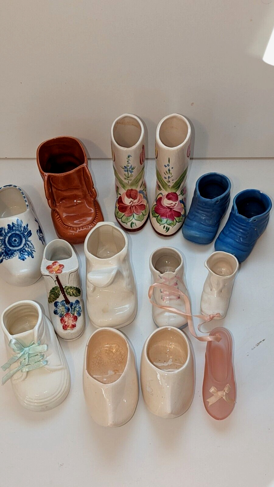 Collection of 14 MINIATURE PORCELAIN, CERAMIC, GLASS, SHOES/BOOTS