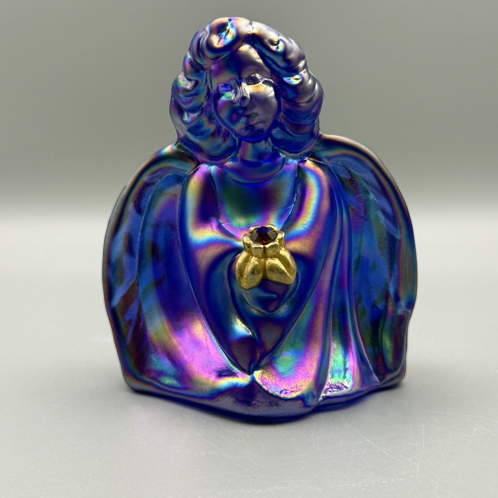 Fenton Cobalt Blue Iridescent Glass Guardian Angel Figurine Swarovski Amethyst
