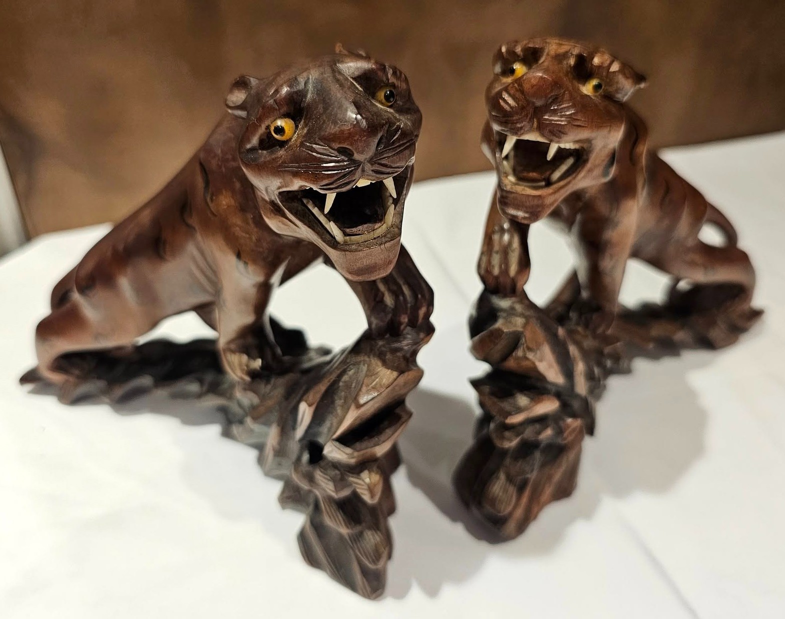Vintage 1960s Glass Eyes Hand Carved Rosewood Tigers *2* Teeth Stunning PAIR Set