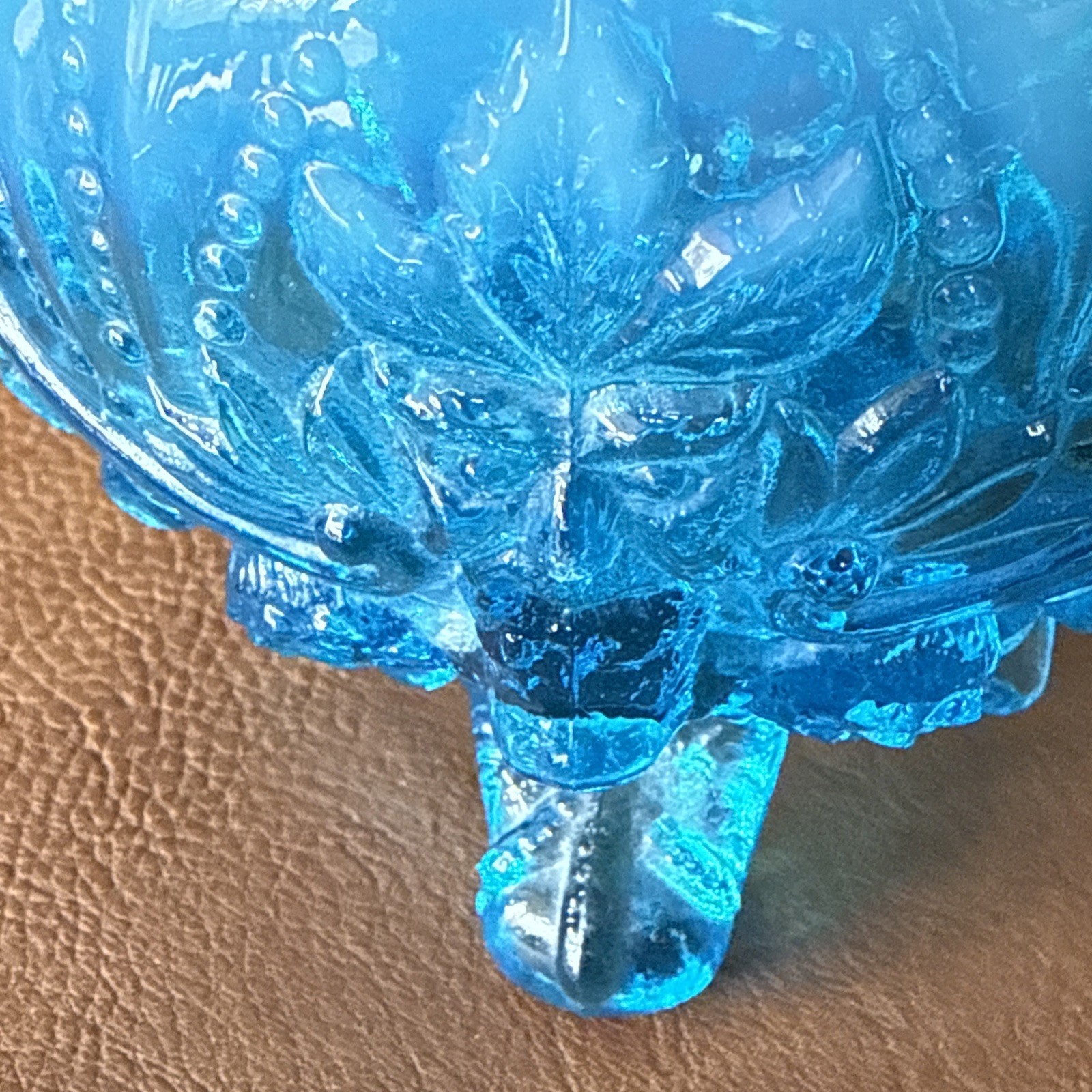Vintage English Sowerby Blue Opal Piasa Bird Opalescent Glass Rose Bowl