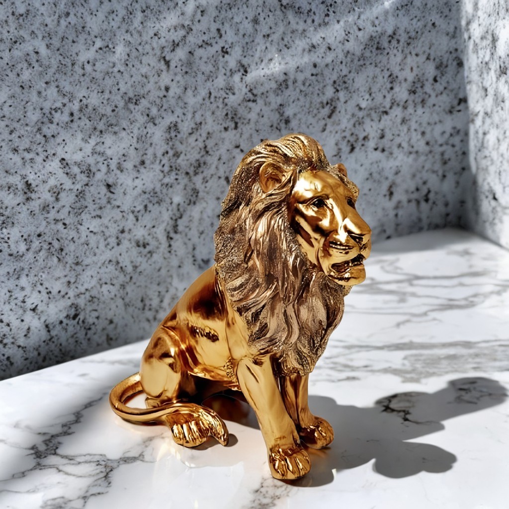 10″H Golden Color Majestic Sitting Lion Figurine Ornament Home Decor Unique Gift