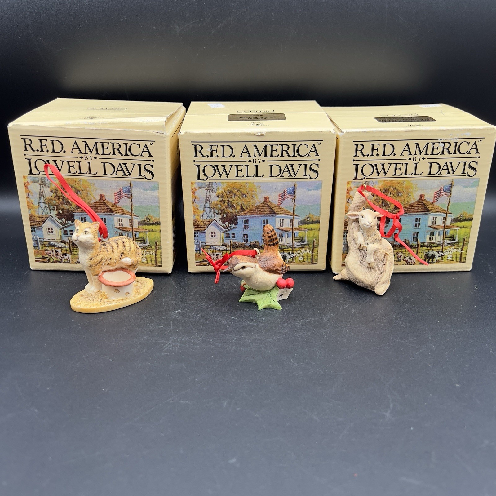 Schmid Lowell Davis RFD America 1989 Bird, 1991 Cat, 1992 Goat Ornament Set Of 3