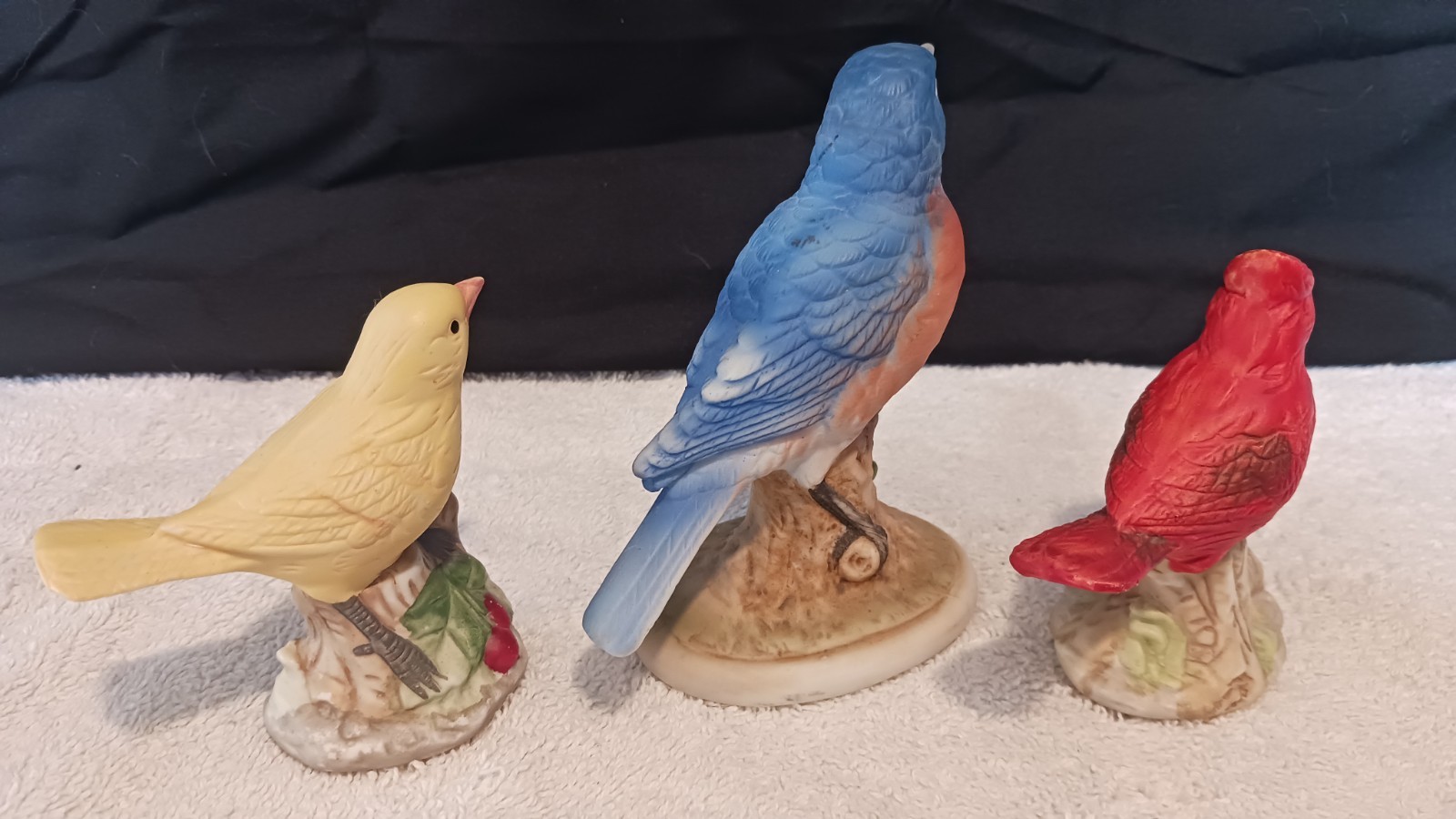 Lefton Hand Painted Bird Figurines. Cardinal, Blue Bird And Yellow Canary