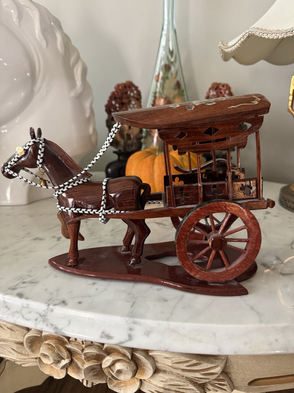 Wooden Horse Cart Vintage / Antique Handicraft Home Abalone Inlays. Floral Wood