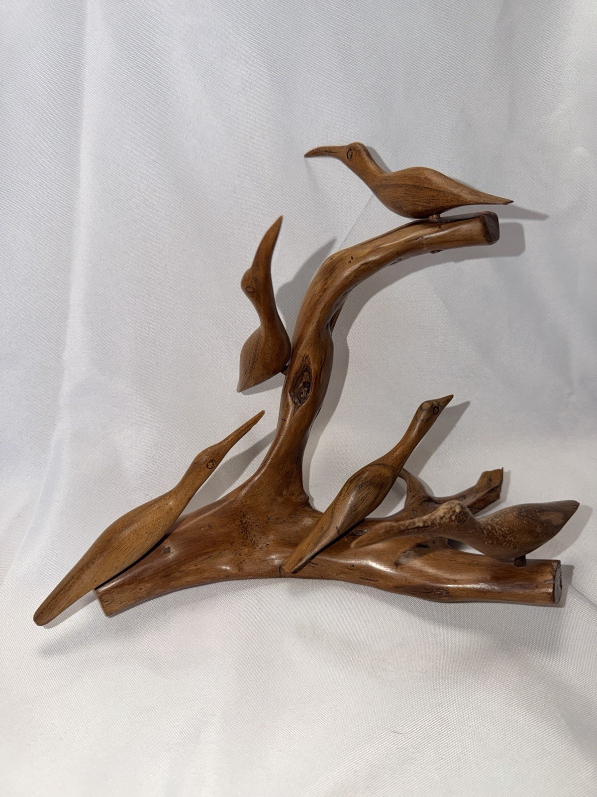 Large Hand-Carved Mid-Century Modern Wooden Bird Sculpture on Tree Branch
