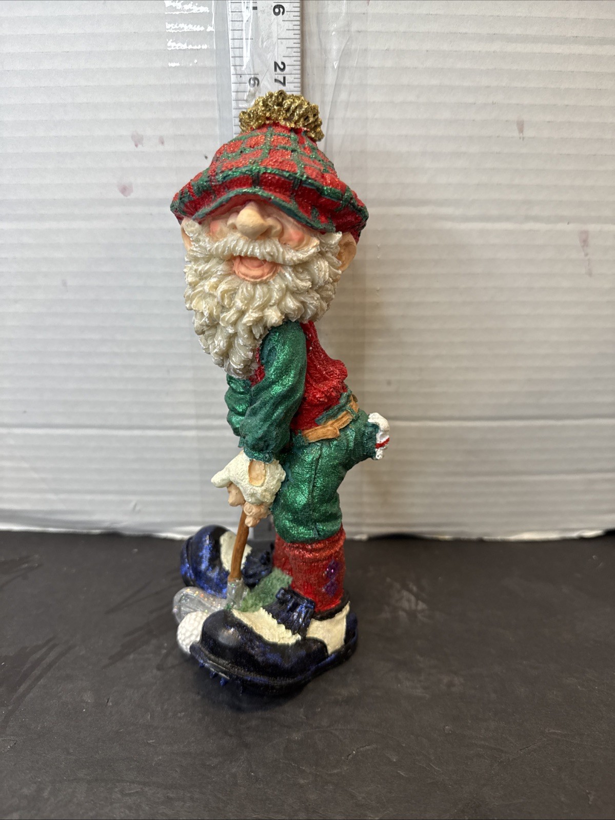 Santa Old Man Gnome Golfer Resin 8.5” Figure Tartan Plaid Whimsical Cleat Shoes