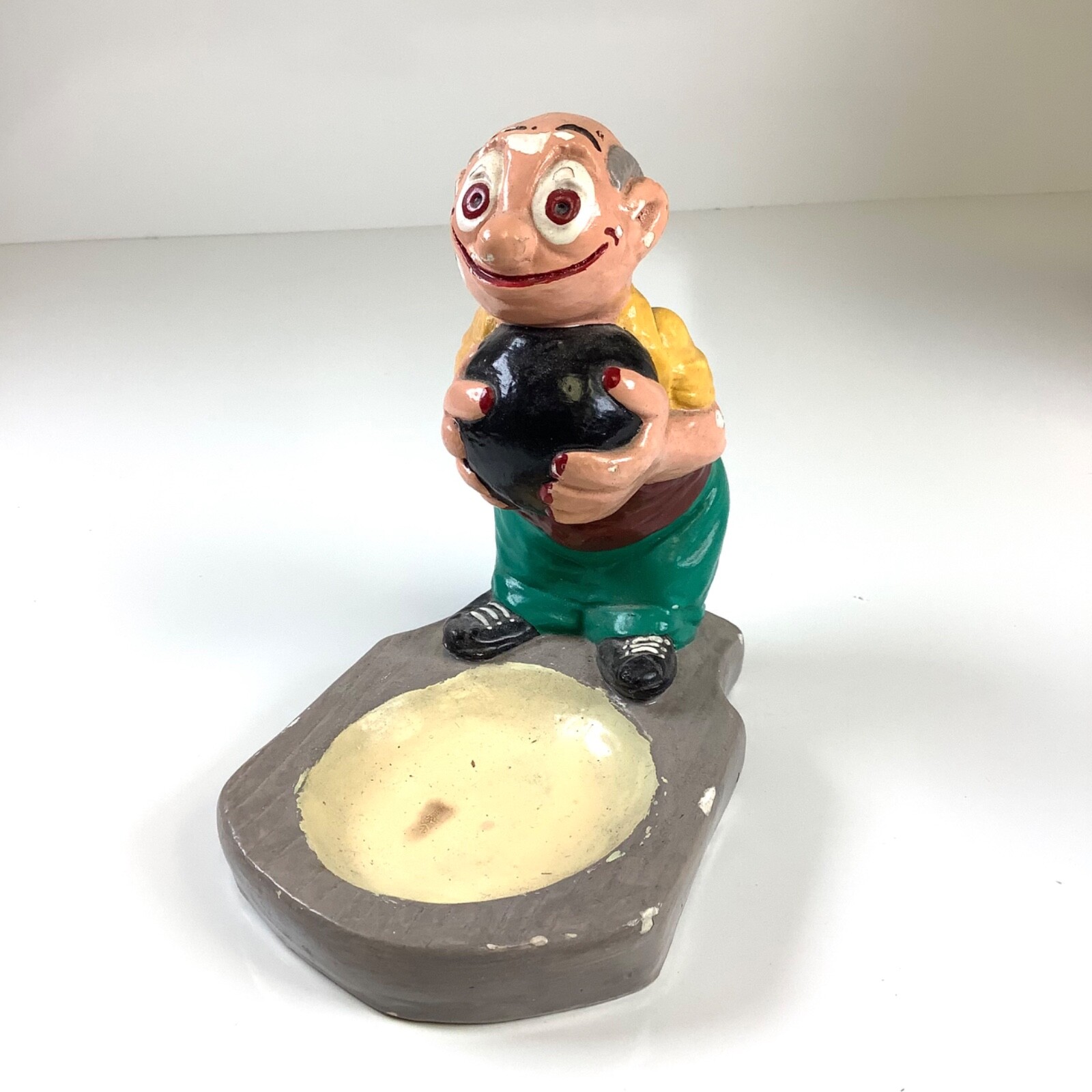 Vintage Plaster or Chalkware Bowling Bowler Key Change Dish Vanity Dresser Tray