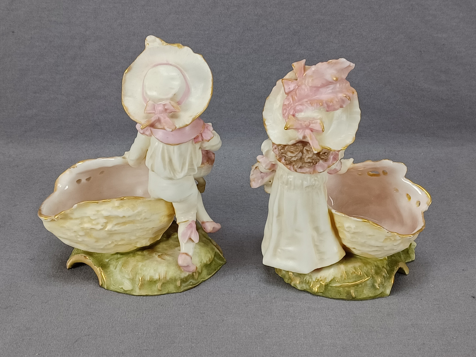 Pair of Ernst Wahliss Art Nouveau Children Floral Figurine Sweet Meat Dishes