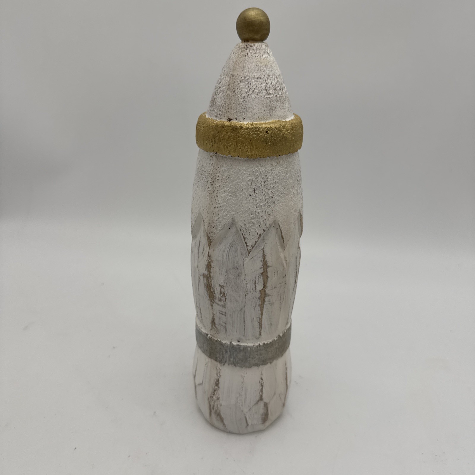 Santa Sitter Short Pine Wood Carved Gold White 12″ x 3″ Distressed